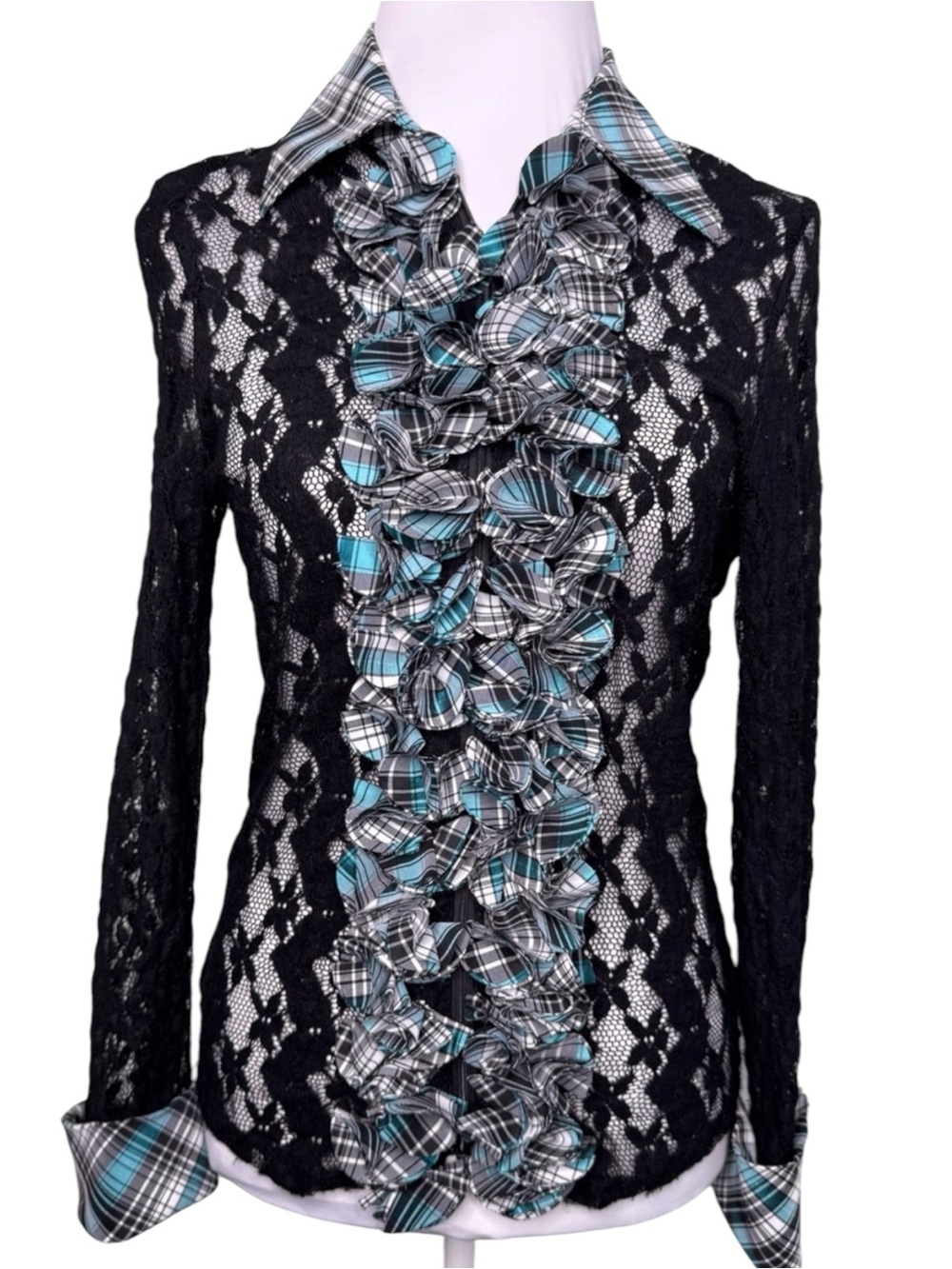 Samuel Dong Black Avant-Garde Sculptural 3D Ruffle Lace Plaid Top Small